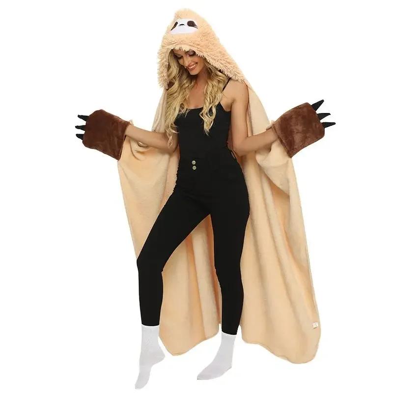 

Flannel Fluffy Winter Warm Hooded Blanket With Gloves Cute Cartoon Household Plush Wearable Hoodie Office Nap Warmer Blanket