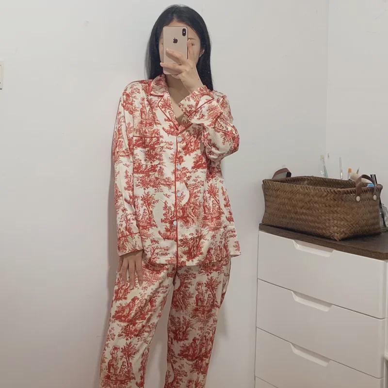 "Women's Long-Sleeve Floral Ice Silk Pajamas - Red"