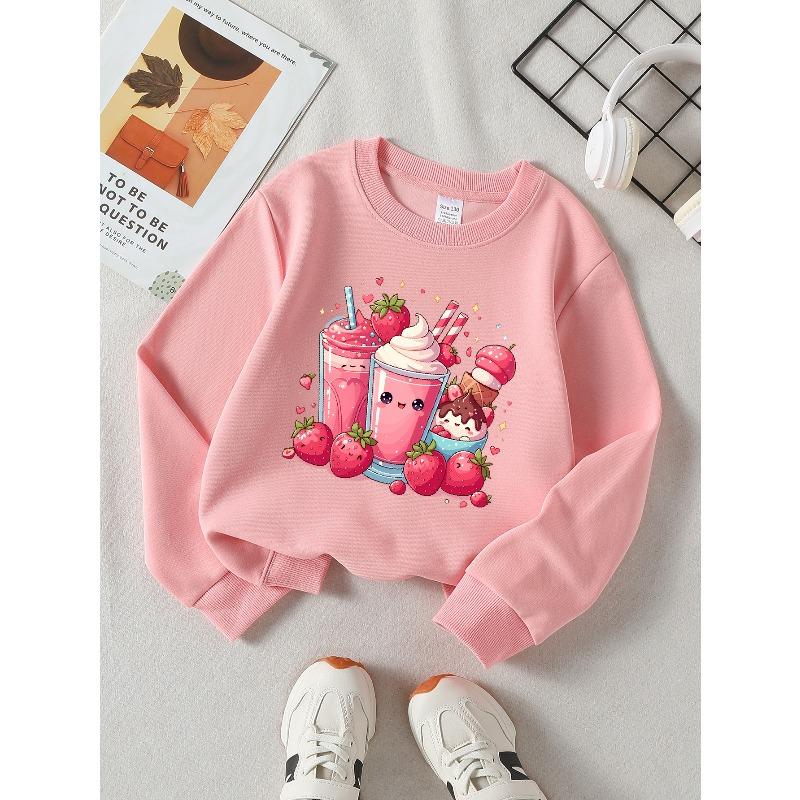 This Valentine'S Day, Girls Can Enjoy a Cozy Long-Sleeve Crewneck Sweatshirt Featuring Adorable Strawberry Drinks with