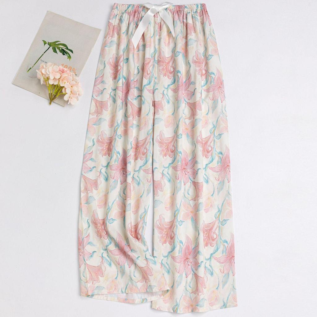 Women's Floral Cotton Silk Pajama Pants, Mosquito Repellent, Outdoor & Home Wear, Plus Size, Lightweight Summer Style.