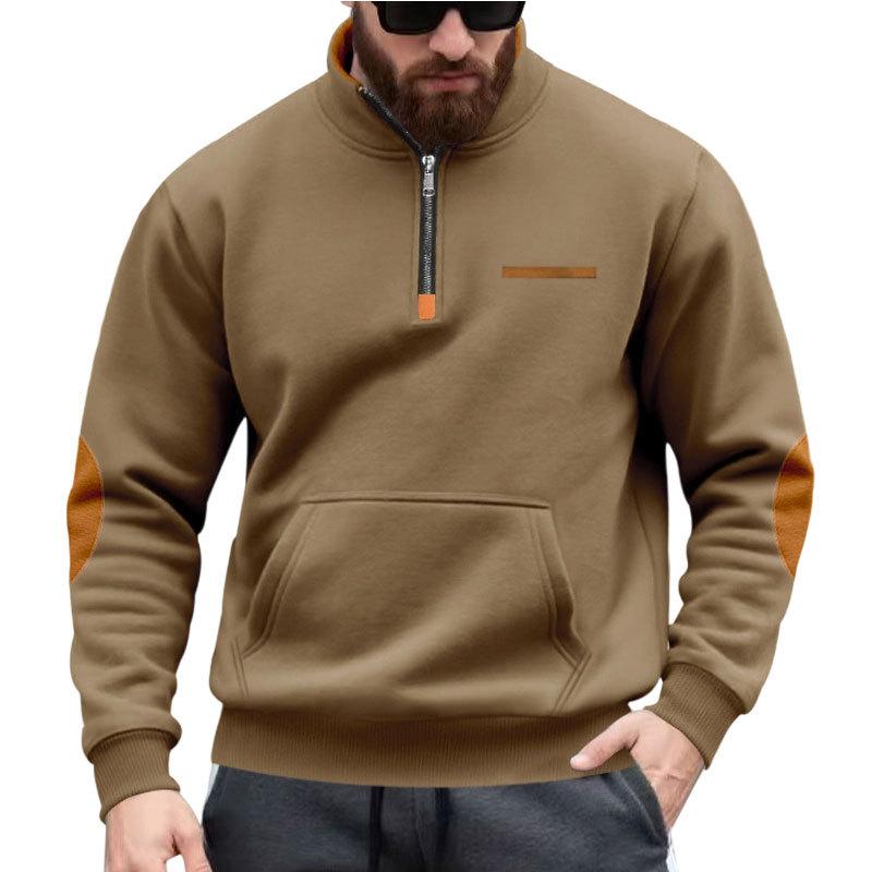 New Autumn/Winter Heavyweight Fleece-Lined Men's Patchwork Zipped Stand-Up Collar Sweatshirt for Outdoor Sports