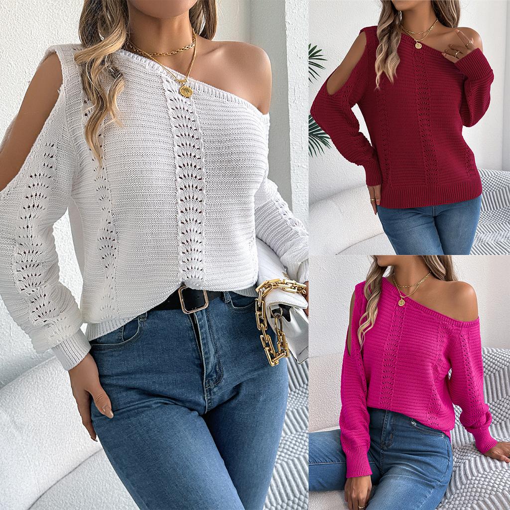Autumn and winter casual solid color hollow off-the-shoulder long-sleeved pullover sweater
