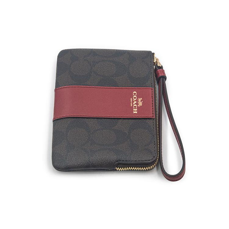 New COACH Corner Zip Canvas With Leather Wrist Bag Clutch Coin Purse Women's Dark Brown & Red 58035-IMRVQ