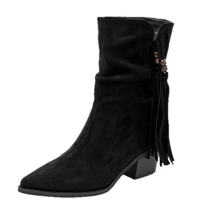 British style pointed high-heeled short boots women's 2025 autumn new thick heel fringed temperament versatile retro fashion single boots