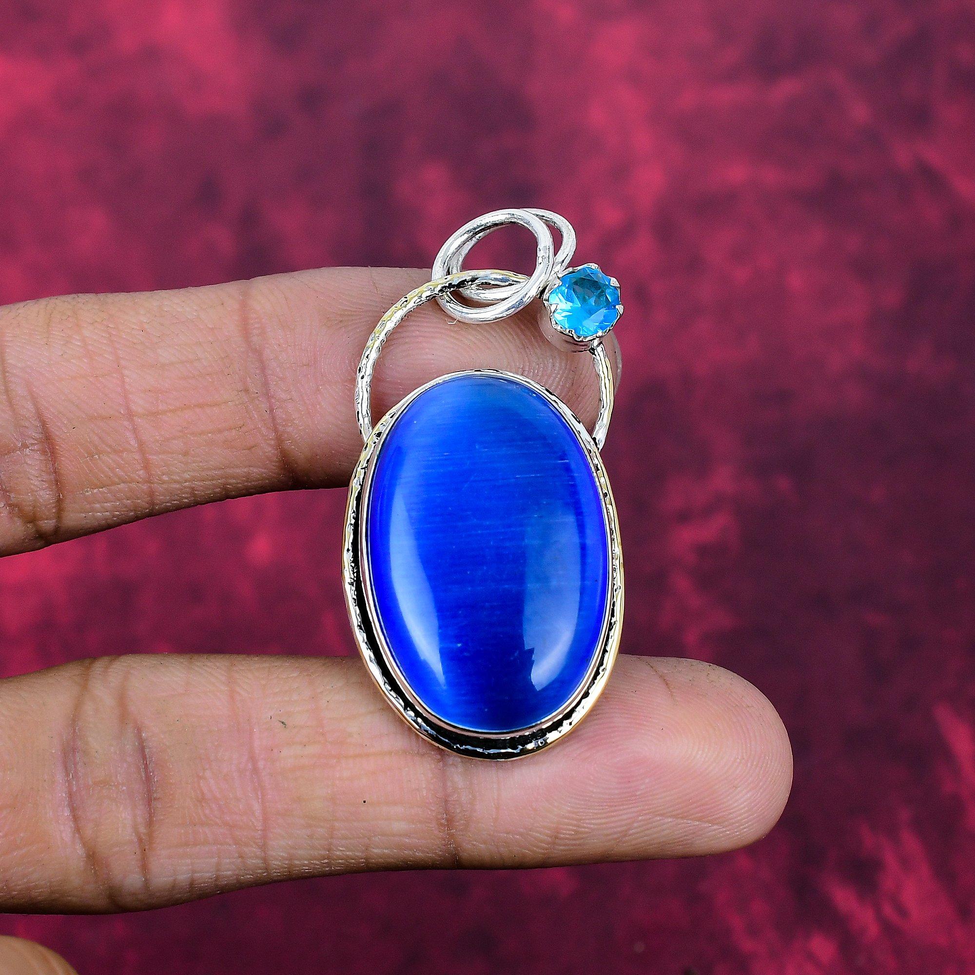 

Blue Monalisa & Blue Topaz Jewelry, 925 Solid Sterling Silver Pendant Handmade Gemstone Jewelry, Gifts For Wife Brand New Pendant 1.96 Inches