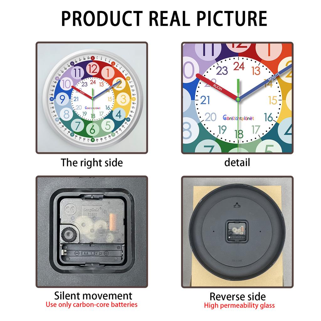 Colorful Digital Plastic Glass Teaching Wall Clock Living Room Bedroom Kitchen Home Decoration Silent Quartz Clock Holiday Gift (No Battery)