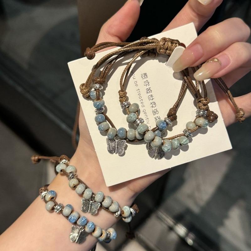 Vintage Chinese National Style Butterfly Ceramic Beaded Woven Bracelet For Women