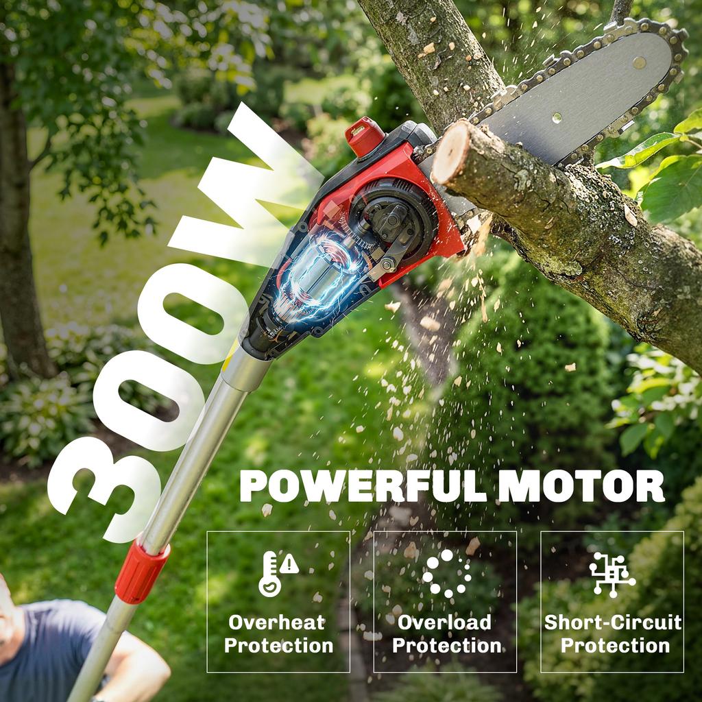 18V 8" Cordless Pole Chainsaw, 1.94m/2.56m Electric Chainsaw with 2 X 4.0Ah Batteries, Charger, Auto Lubrication