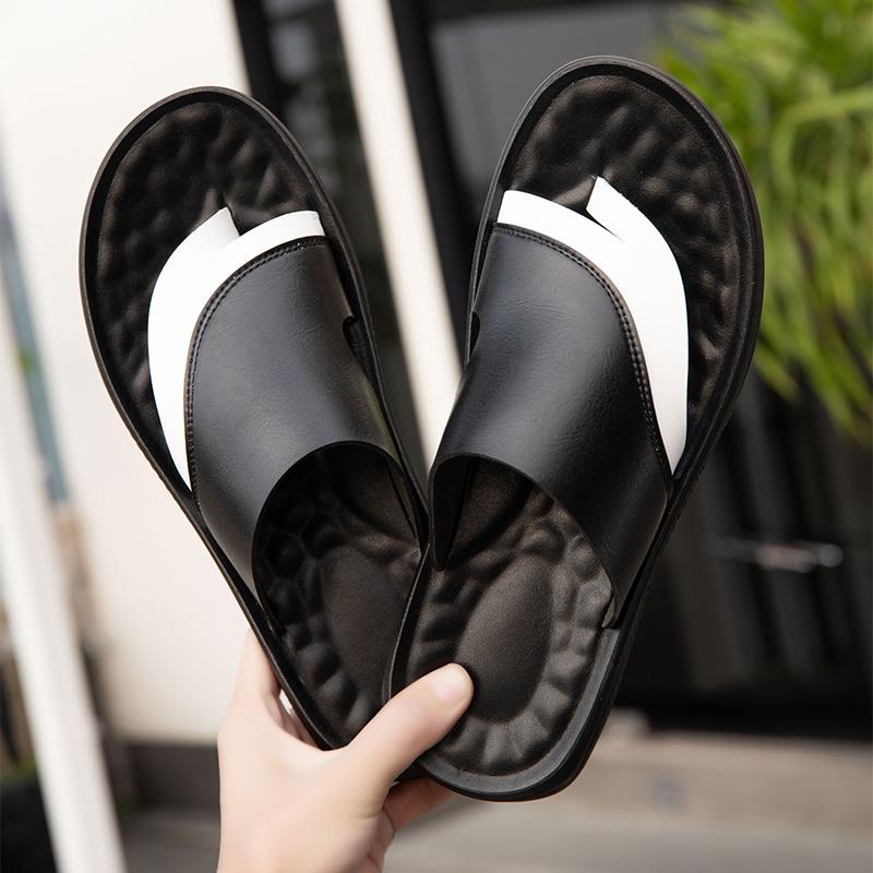 Fashion Men's Genuine Leather Slide Sandals Comfortable Summer Casual Shoes for Men Non-Slip Sole Slippers Lightweight Beach Half Drag
