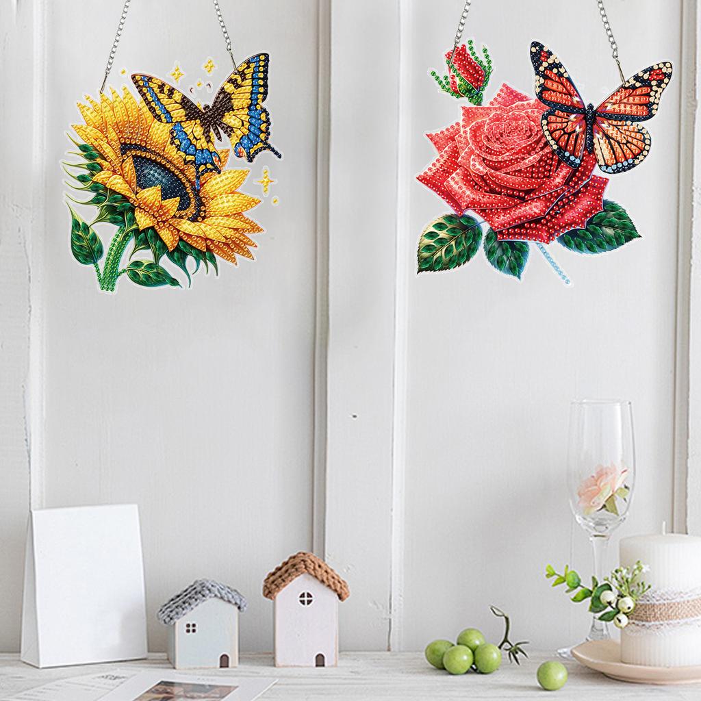 4 Stück Blume 2D Flach DIY Diamantmalerei-Kits Acryl Kristall Strass Kunst Anhänger für Erwachsene Geschenk Heimwand oder Fenster Dekoration