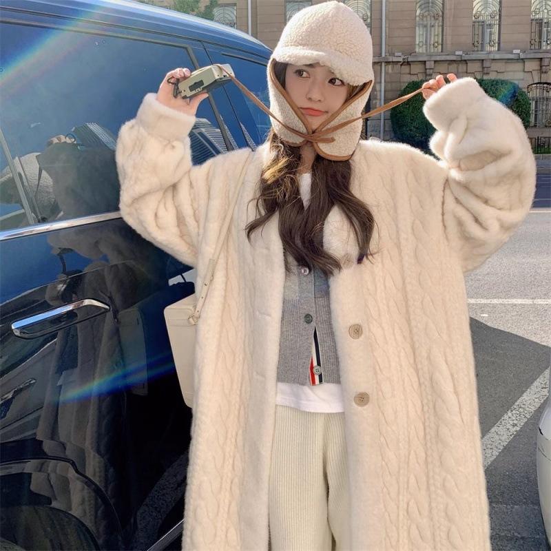 Women Cardigan Long Autumn Winter V Neck Thin Jacket Simple Button Casual Fur Coat