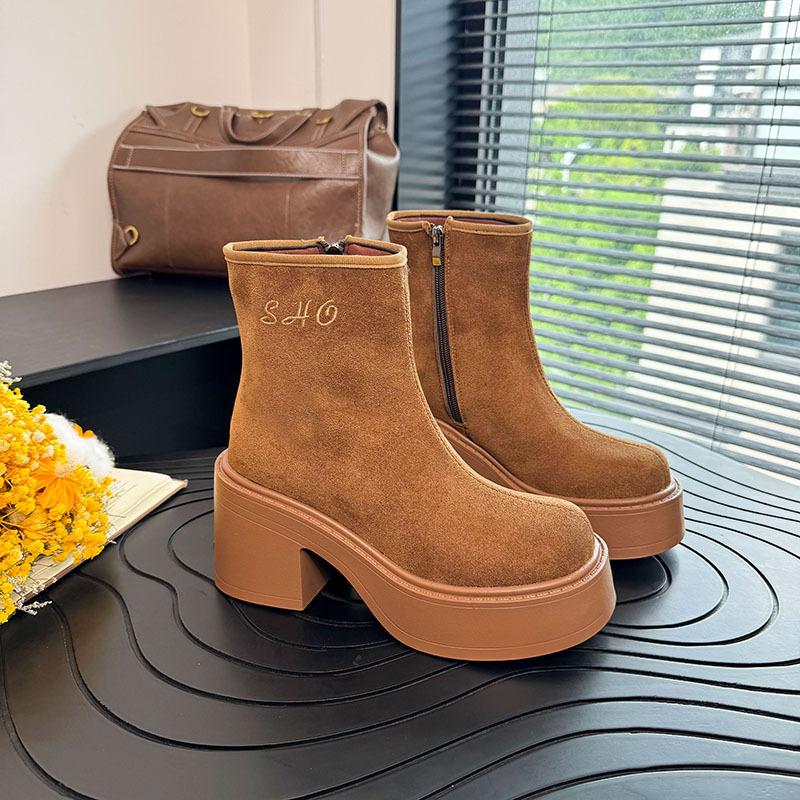 Thick-soled suede Martin boots women's autumn 2025 new thin side zipper thick heel British high heel fashion boots