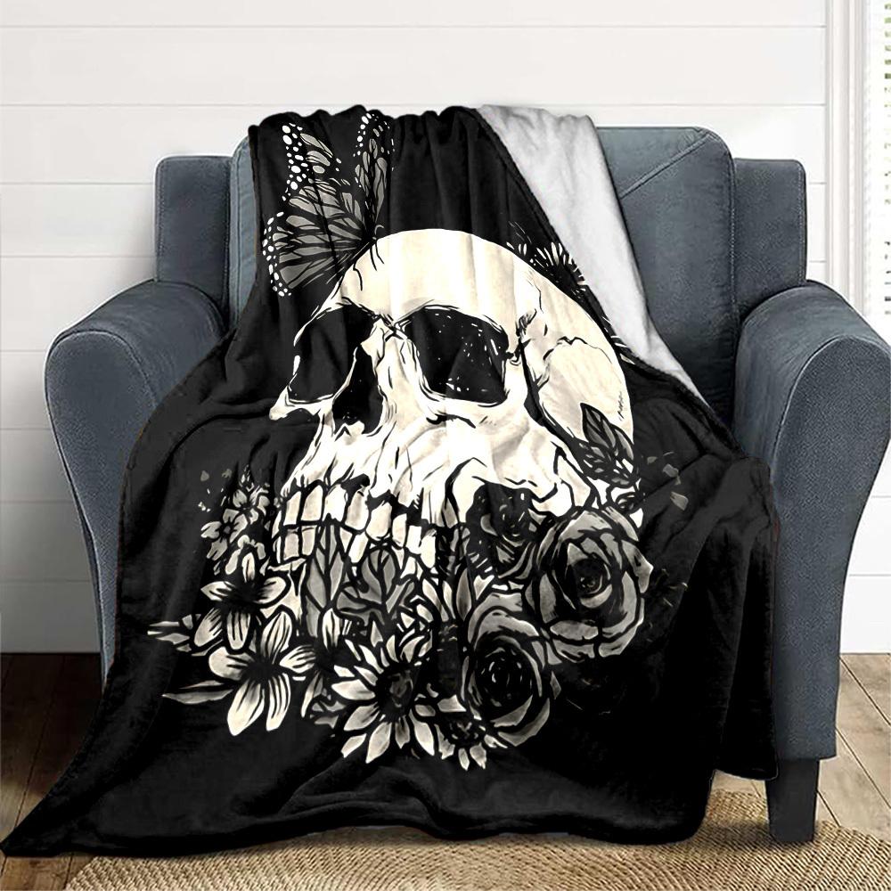 1pc Skull Flowers Lightweight Flannel Blanket, Comfortable and Warm Blanket, for Office and Camping Sofa Bed, Livingroom113