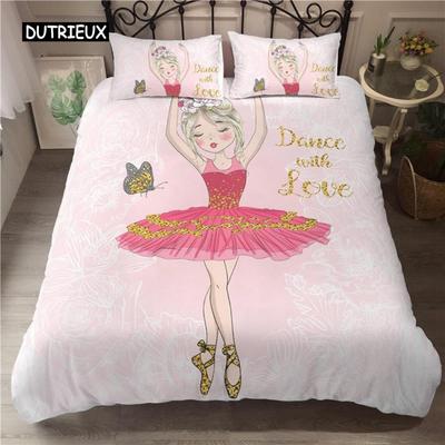 Ballet Dancing Girl Duvet Cover Set Cartoon Ballerinas Girl Bedding Set for Kids Teens Microfiber Double Queen King Quilt Cover