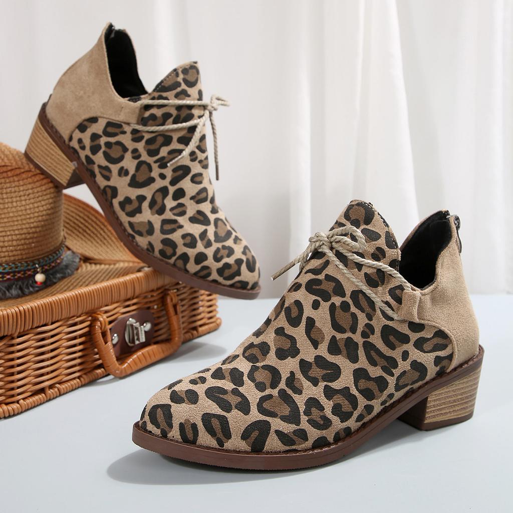Autumn and winter pointed square heel women's shoes large size leopard print rear zipper fashion women's short boots