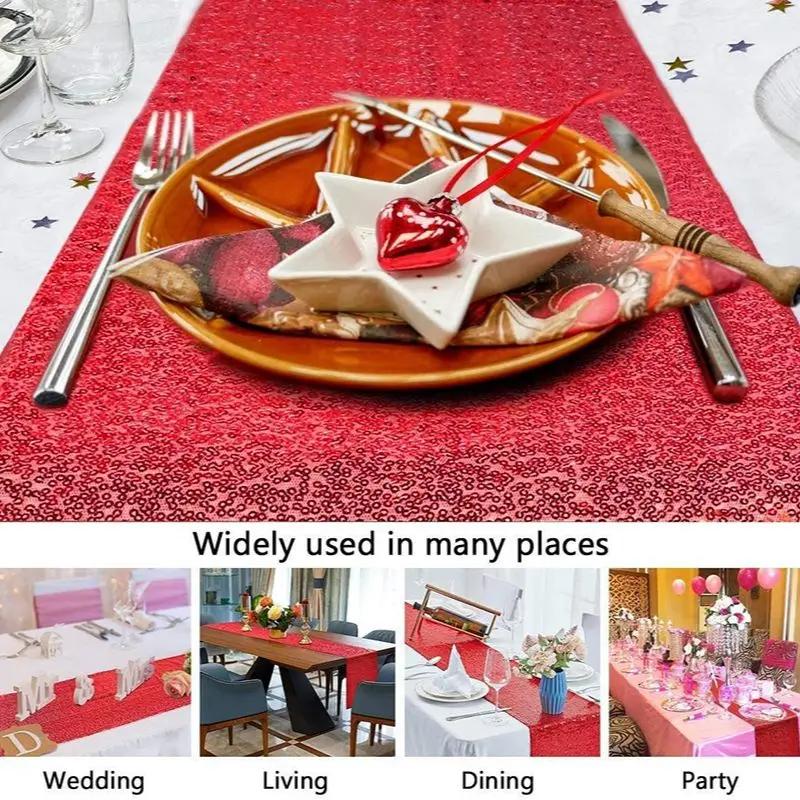 10pcs Red Sequin Table Runners Glitter Wedding Party Bridal Shower Birthday Christmas Thanksgiving Halloween Decoration Supplies