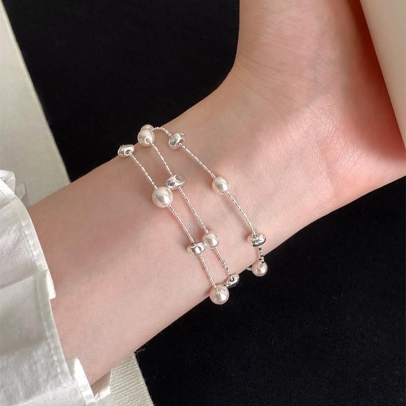 Elegant Pearl Bracelet Women Minimalist Geometric Design Stackable Pink Tone Lightweight Luxury Everyday Jewelry