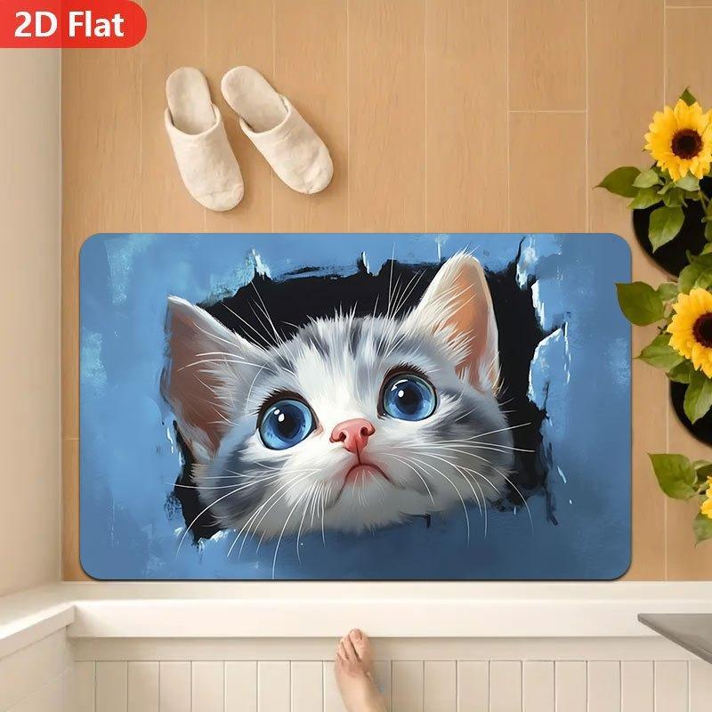 2D Peeking Cat & Rabbit Welcome Doormat Non-Slip Entry Floor Mat Cute Pet Print Decor Rug for Home Front Door Mat for Pet Lovers