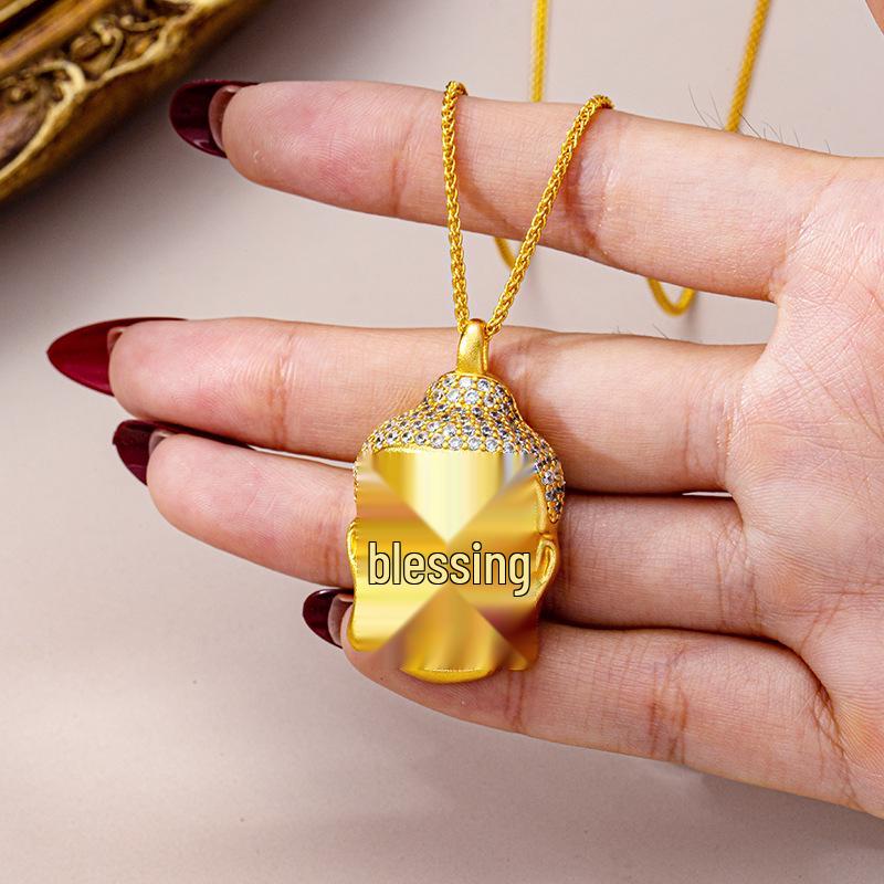 Collier Tête de Bouddha Vietnamien Vintage Tendance avec Accents Diamant - Finition Or Sablé, Rétention de Couleur Haut de Gamme