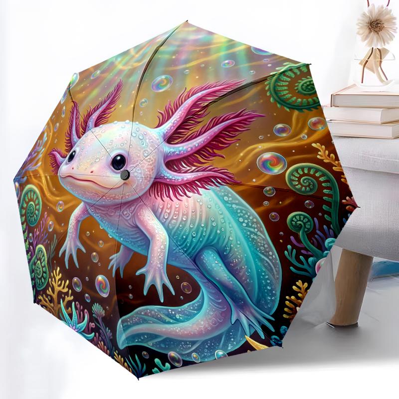1pz Robusto Ombrello Automatico a 8 Stecche, Delicato Ombrello Axolotl con Luce Calda, Stampato Digitalmente, Ombrello Pieghevole per Uso Esterno in Movimento