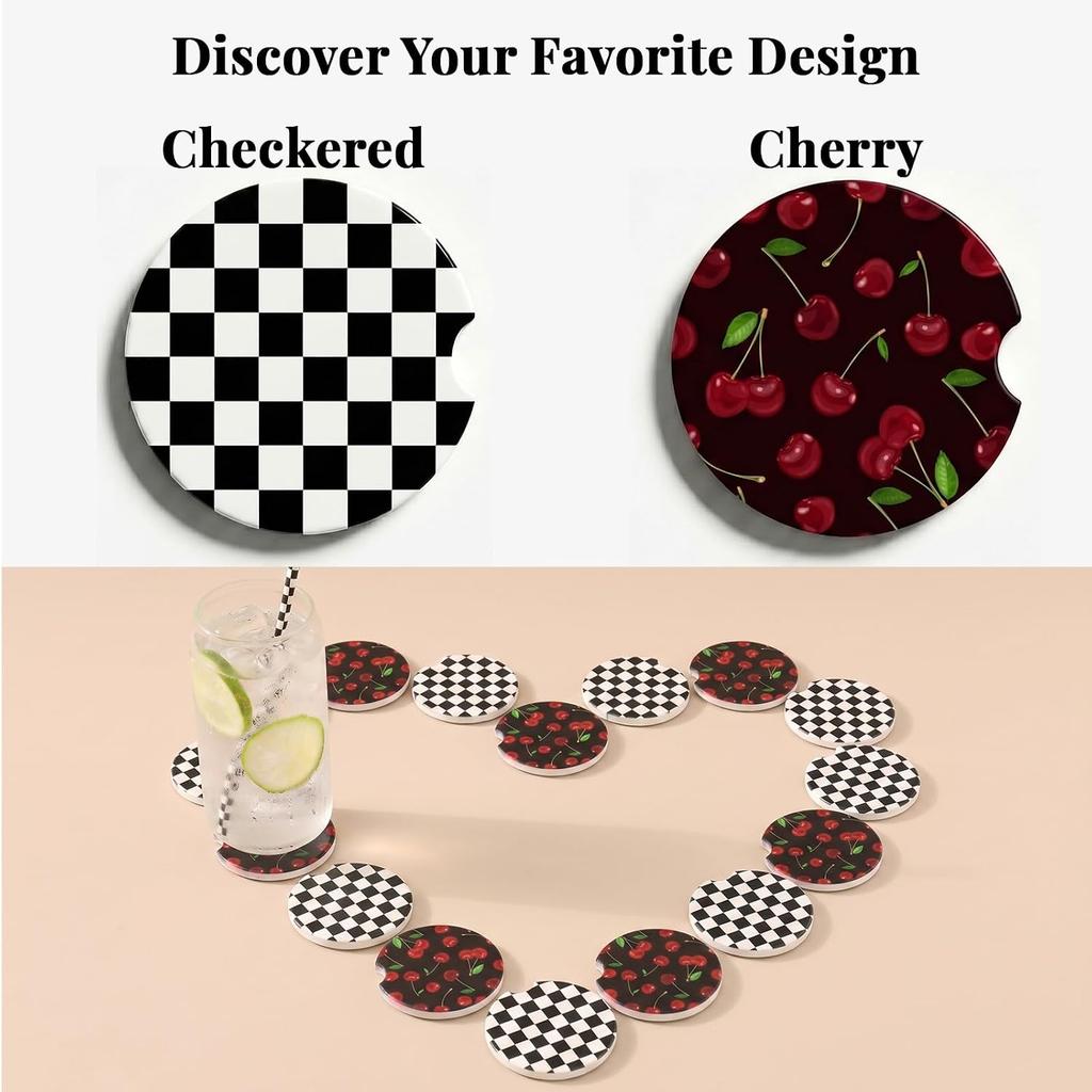 Checkered Car Coasters, Universal Fit Ceramic Car Cup Holder Coaster, 2Pcs | Absorbent Removable Cup Holder Coasters, Cute Girly Car Accessories for