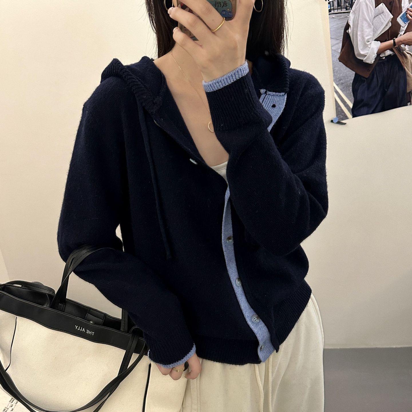 

Женский кардиган с капюшоном в стиле колор-блок: Вязаный костюм-кардиган из двух частей, свободного кроя для весны и осени Large темно-синий