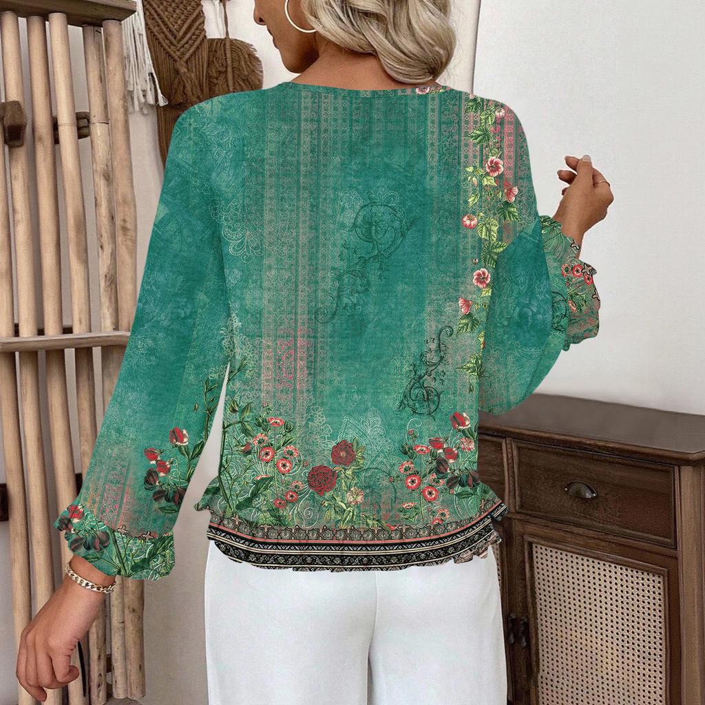 Dámský ležérní módní top s volánky, výstřihem do V, potiskem a dlouhým rukávem