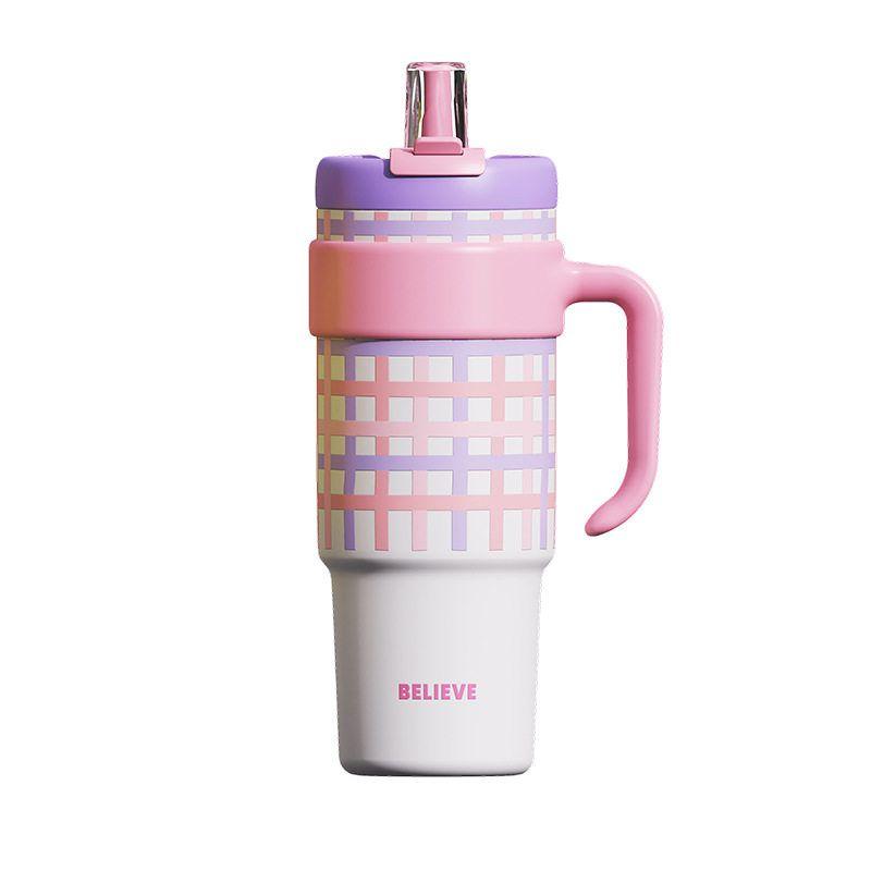 Limited Edition Panda Large-Capacity Thermos Cup, High-Value Stainless Steel Giant Water Bottle for Girls, Cartoon Design Plaid Powder 1250ml