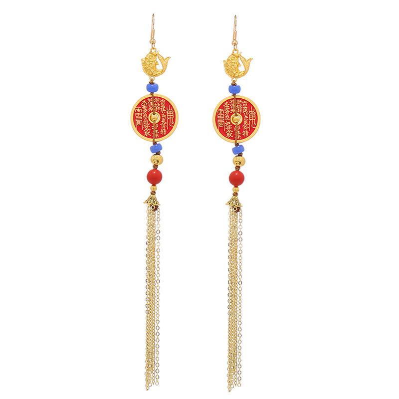 Original Mountain Ghost Spends Money On Copper Coin Earrings, Women's Antique Hanfu Long Fringed Earrings, Niche Design Earrings.