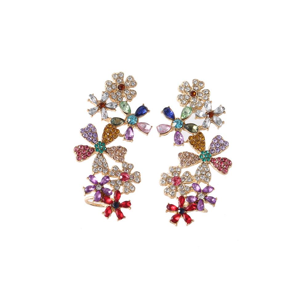 Dopamine Colorful Rhinestone Flower Ear Cuff - High-End Luxury Earrings with Unique Design