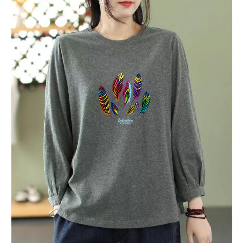 

Nine-quarter Sleeve Printed T-shirt for Women New Spring and Autumn Loose Slimming Round Neck Top L серый