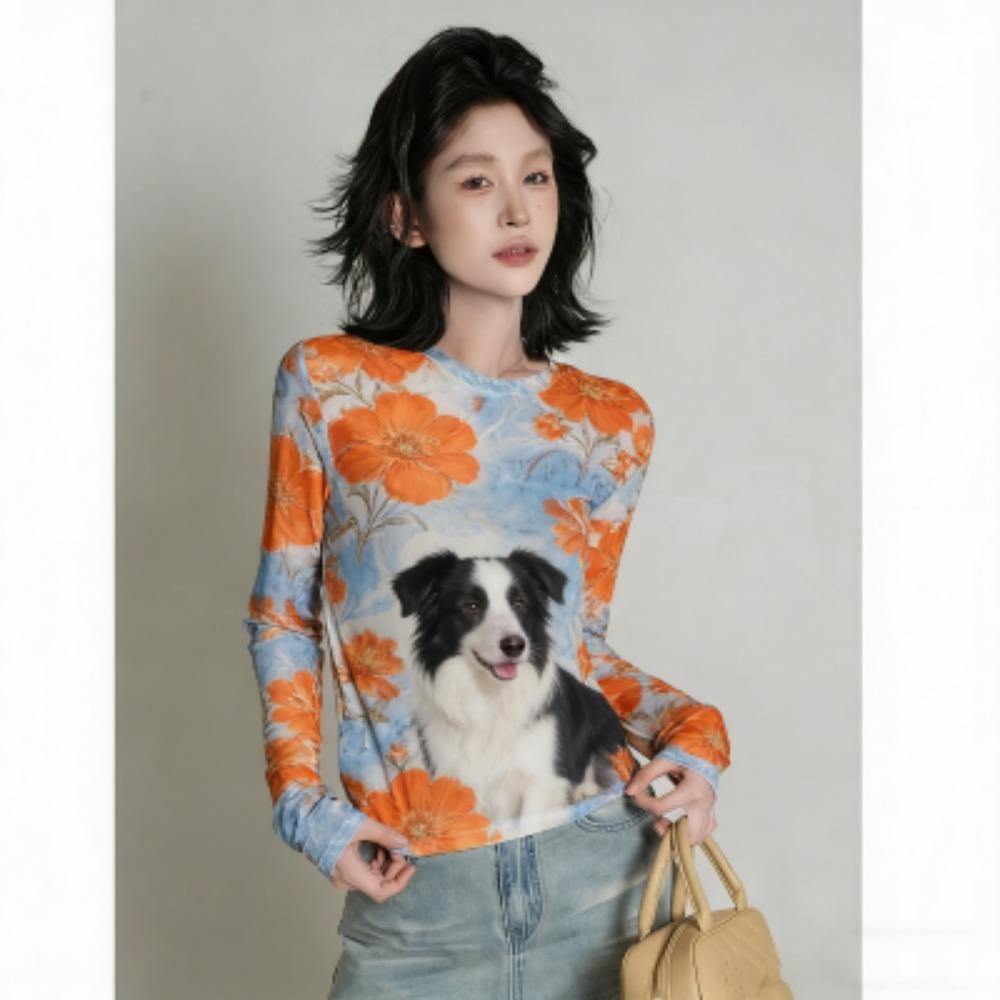 Spring Fashion Flower Dog Print Women's T-shirt Europe America Casual Pullover Women Long Sleeve Clothing Outdoor Street Tees Top