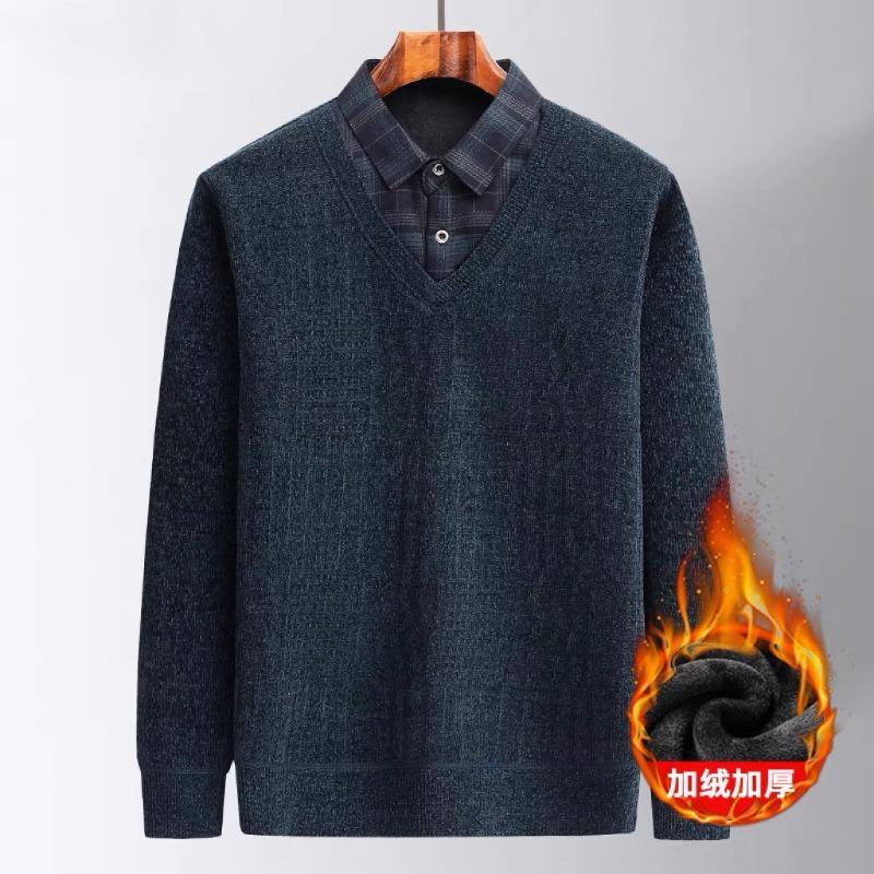 Men S Winter Warm Fake Two Piece Knitted Sweater Middle Age Dad Snow Yarn Pullover