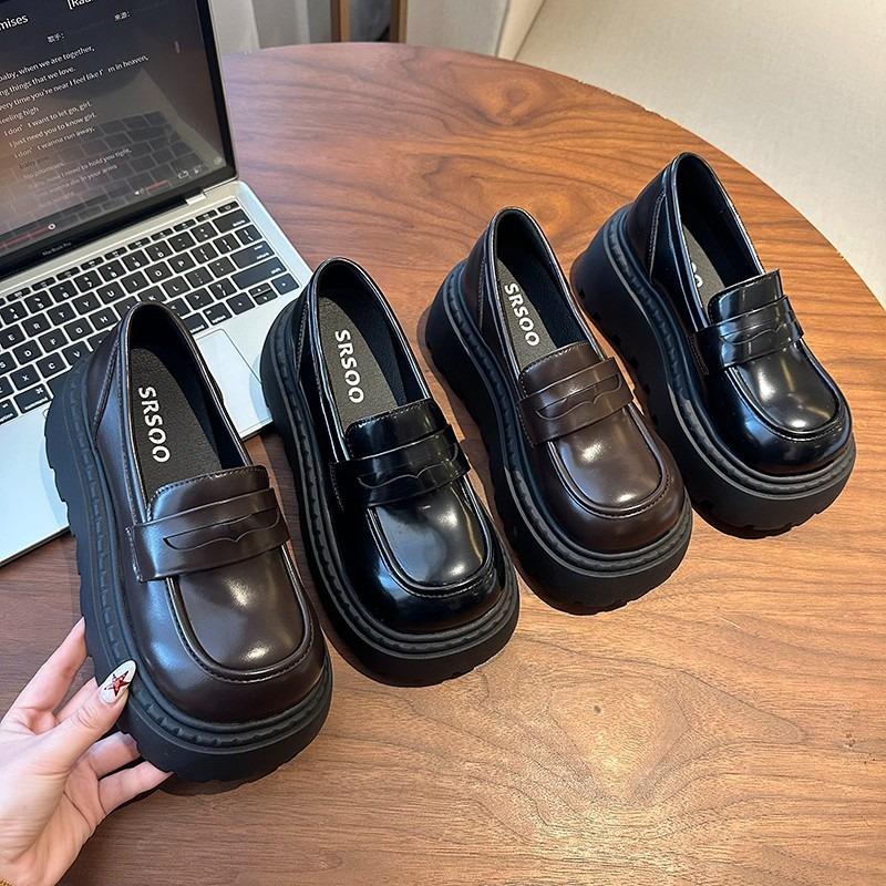 Platform Women's New Shorty Le Increases the Height of British Small Leather Shoes, Black One-pedal Single Shoes