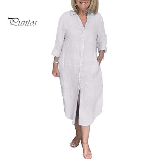 

Женское платье-рубашка с длинным рукавом и пуговицами, свободное хлопковое льняное длинное платье с V-образным вырезом и карманами, летний повседневный наряд S белый