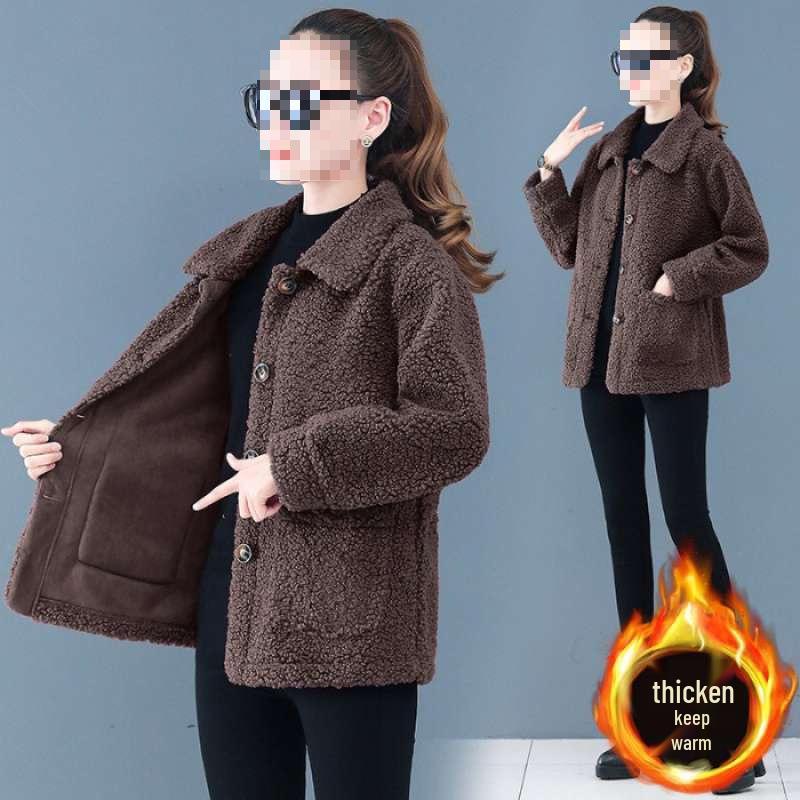 Stylish Imitation Lamb Wool Coat for Women Aged 50-60, Warm Particle Velvet Top for Middle-Aged and Elderly