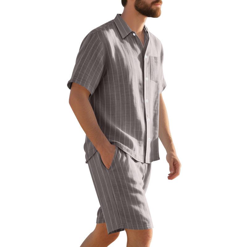 Summer Linen Suit Men's Striped Jacquard Loose Short Sleeve Shirt Beach Shorts Two-piece Set