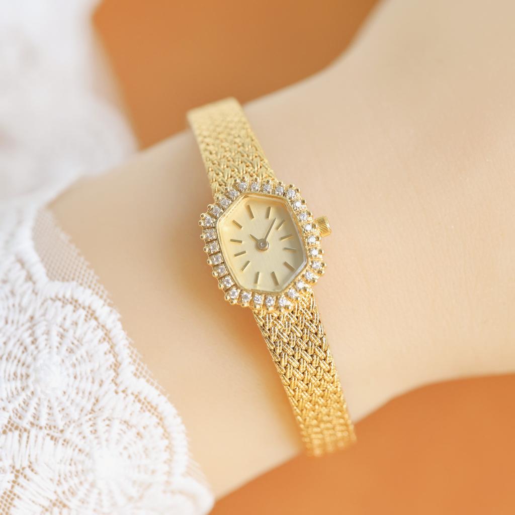 Vintage Small Dial Women's Watch Antique Diamond Retro Luxury Elegant Gifts Brass Band 18K Gold Plated High Quality