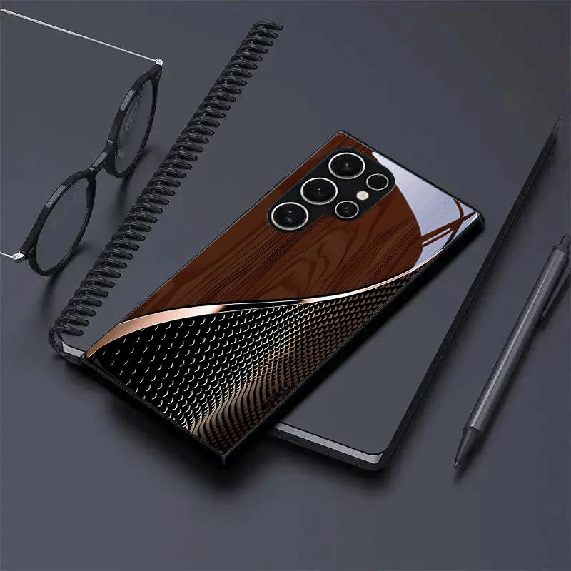 Dark Brown Wood Grain and Grain Scale Tempered Glass Phone Case Suitable for Samsung Galaxy S26 S25 S24 S22 S21 FE/Ultra/Plus