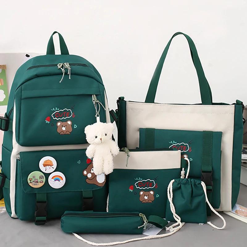 5 Stück/Set Niedliche Schultaschen für Mädchen Rucksack Kinder Doppelschultertasche Oxford-Stoff Handtasche Münzbörse Federmäppchen Umhängetasche