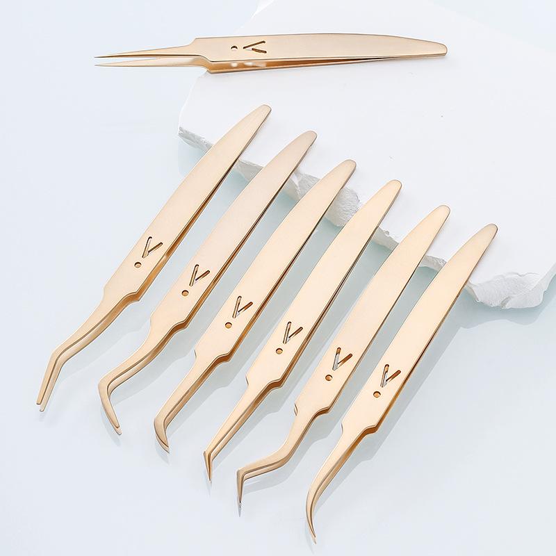 Gold Feather Stainless Steel Eyelash Tweezers Set - Heat-Treated Precision Beauty Tools