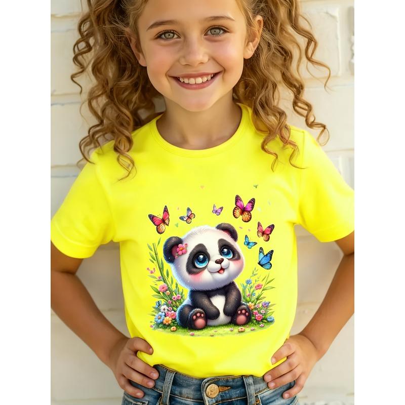 Girls Panda Butterfly Cartoon Print Crewneck Summer Short Sleeve Tee