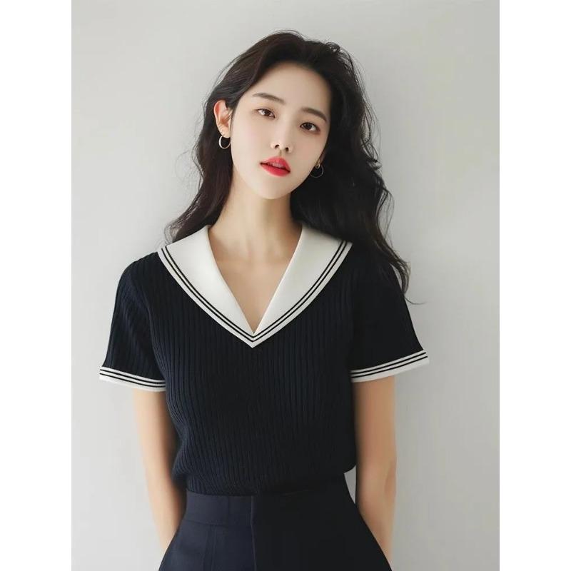 Women's Sailor Collar Knit Top Casual Short Sleeve Ribbed Slim Fit Blouse