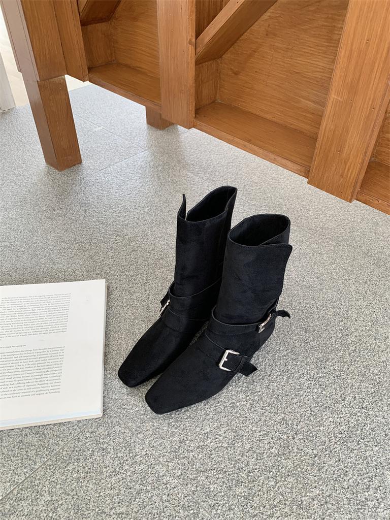 Coarse Heel Suede Square Head Short Boots Women's 2025 Autumn and Winter New Button Lapel Two Wear Women's Boots Sleeve Fashion Boots Women