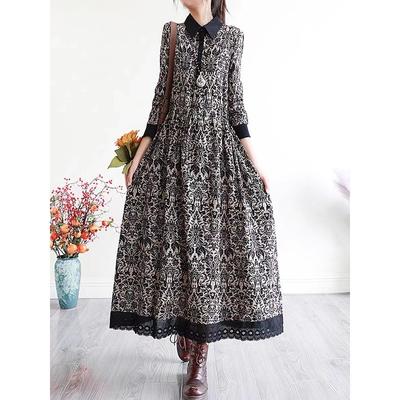 Spring New Literary Loose Cotton and Linen Printing Lapel Long-sleeved Dress Women's Waist Medium and Long