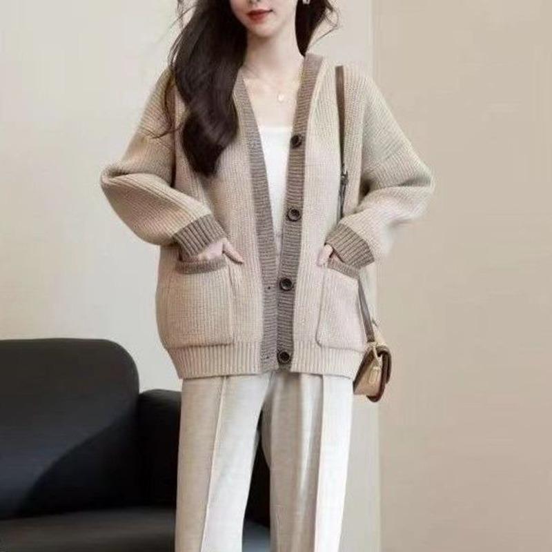 Lockerer Colorblock-Kapuzenpullover Damen Strickjacke Dicke Jacke