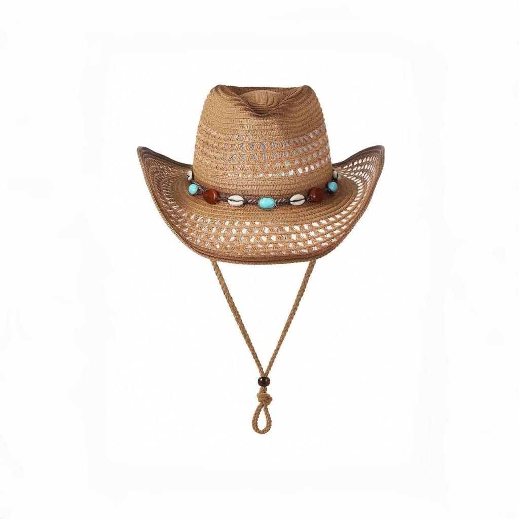 Western Cowboy Hat, Hollowed-out Straw Hat, Outdoor Seaside Vacation Ethnic Style, Versatile Turquoise Sun Protection Hat