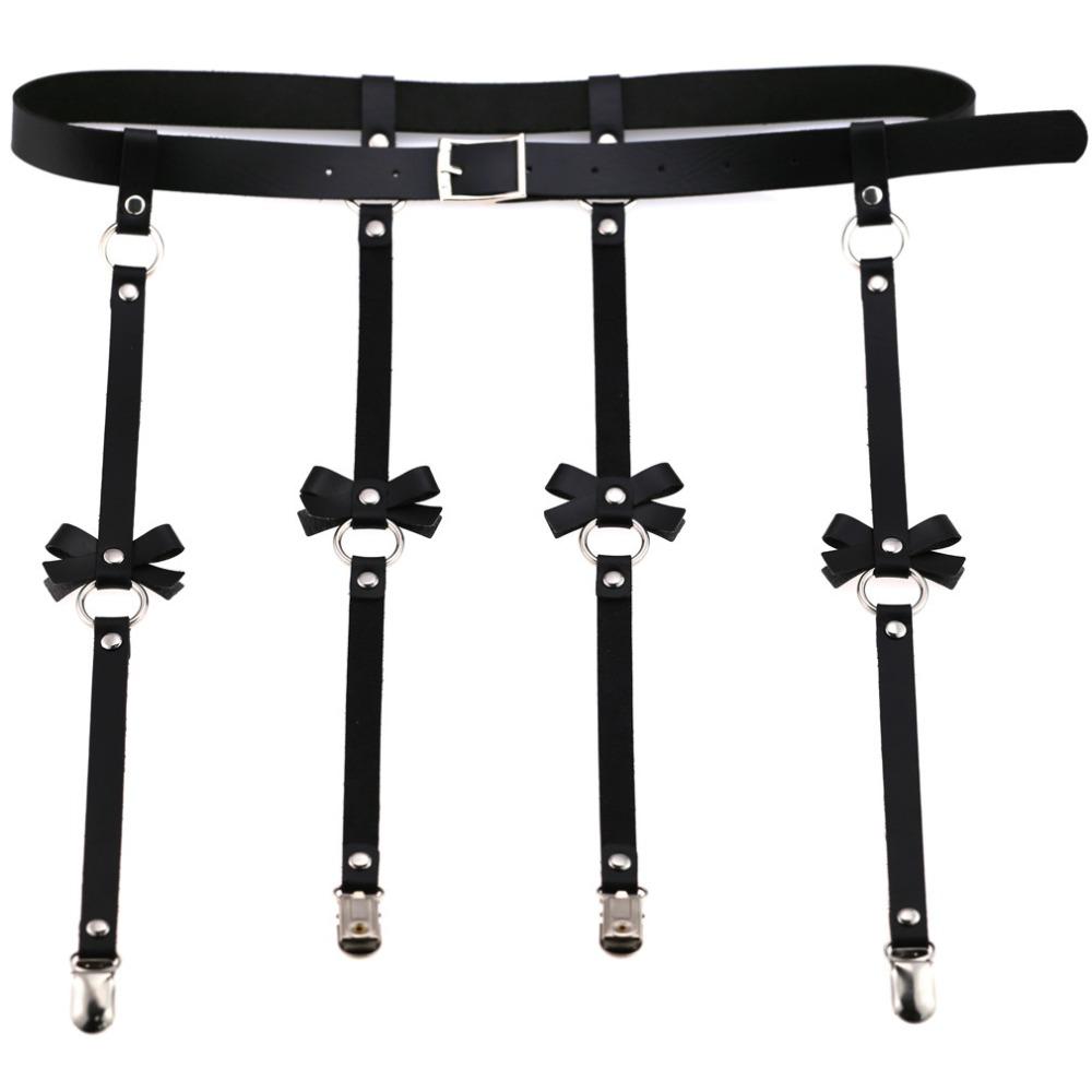 Unisex Men Women Sexy Punk Leather Waist Cincher Garter Belt With 4 Suspenders Straps And Detachable Bow Thigh Harness Loop