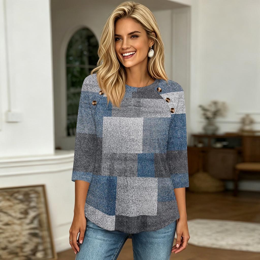 Women 34 Sleeve Crew Neck Button Decor Top Geometric Pattern Casual Loose Fit Blouse for Daily Wear Office Travel