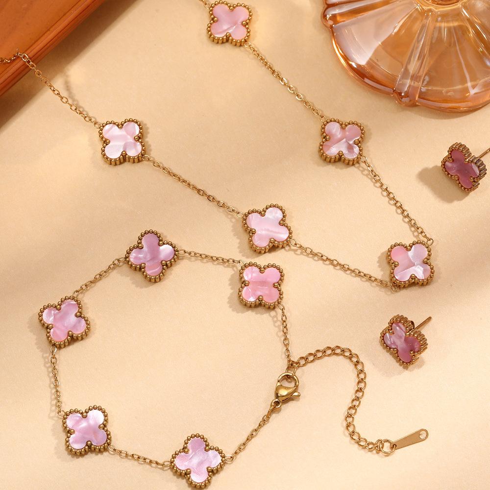 

3 шт. титановая сталь не выцветает двухсторонний клевер набор ожерелье женская мода темперамент ключица цепочка браслет комплект серег